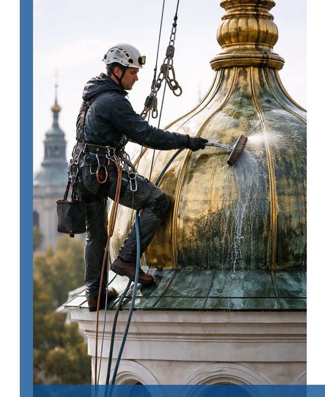 Профессиональная мойка куполов и шпилей высотными альпинистами в Бугульме