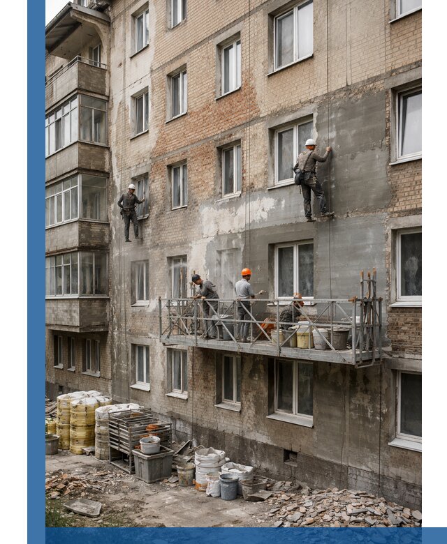 Капитальный ремонт фасада в Бугульме с восстановлением и гидроизоляцией