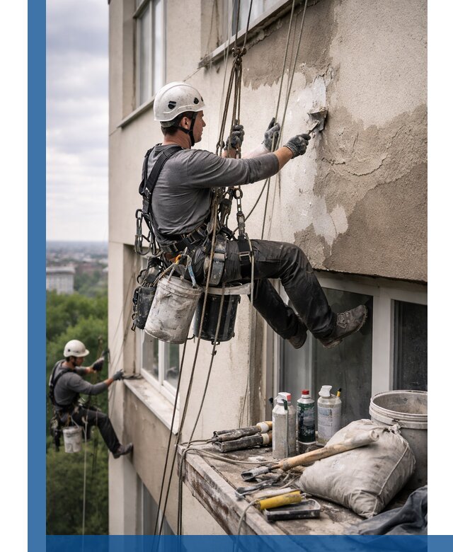 Косметический ремонт фасада зданий в Бугульме промышленными альпинистами