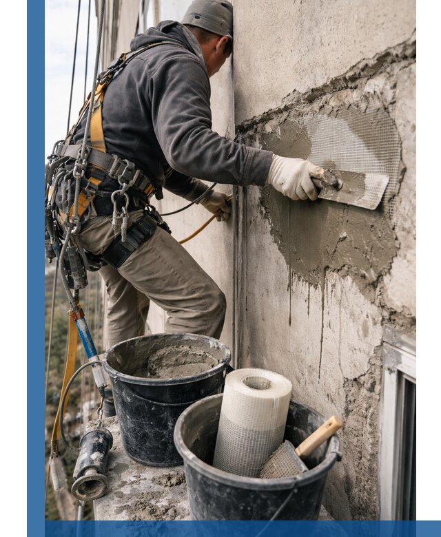 Ремонт бетонных элементов фасада промышленными альпинистами в Бугульме