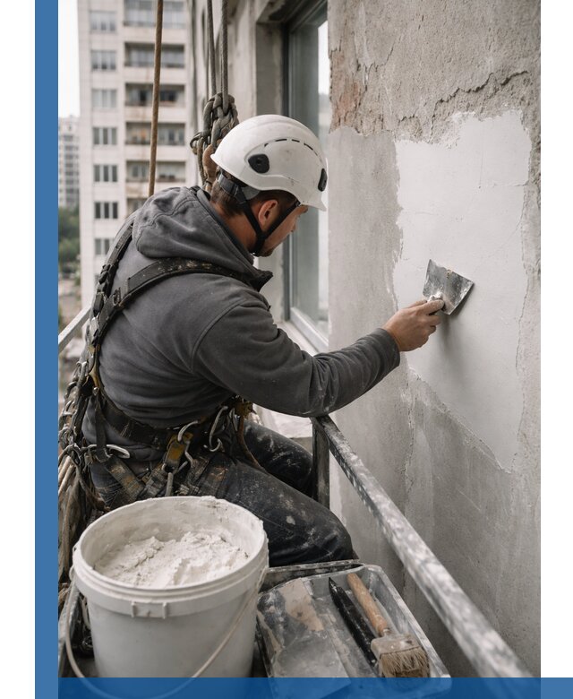 Шпаклевка фасадов на высоте с промальпинистами в Бугульме