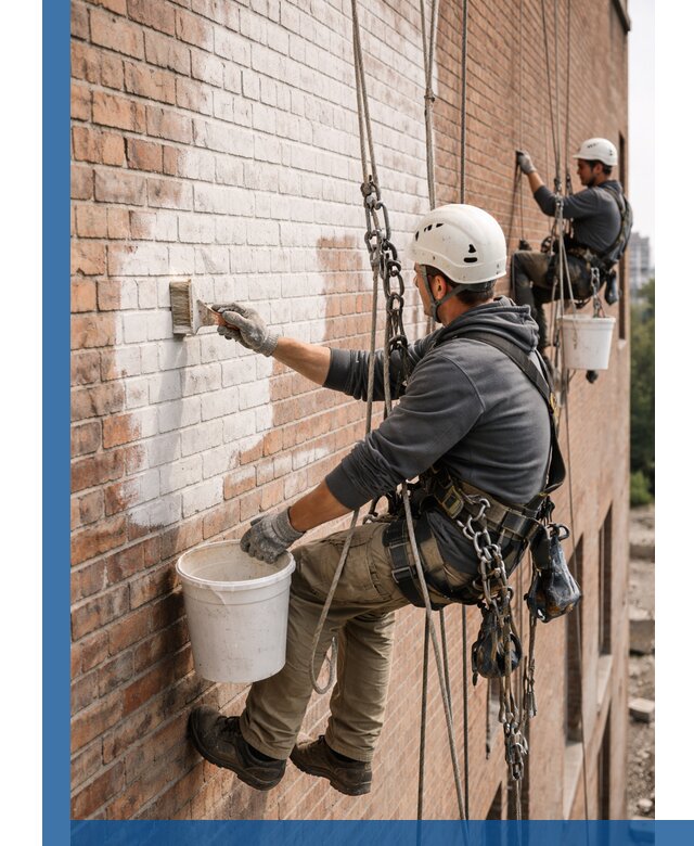 Покраска кирпичного фасада с доступным альпинистским сервисом в Бугульме