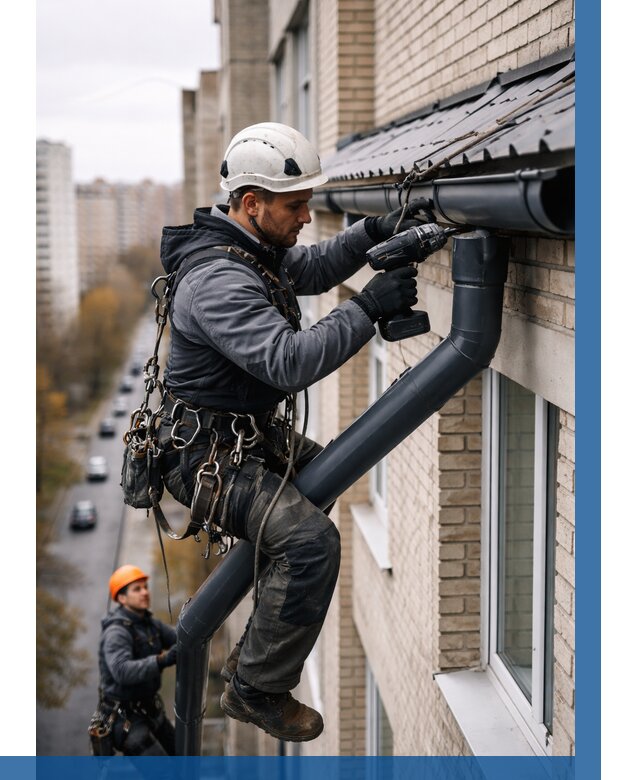 Монтаж водосточной системы на здании в Бугульме от 5054 р. | ВЫСОТНИК-Бгл