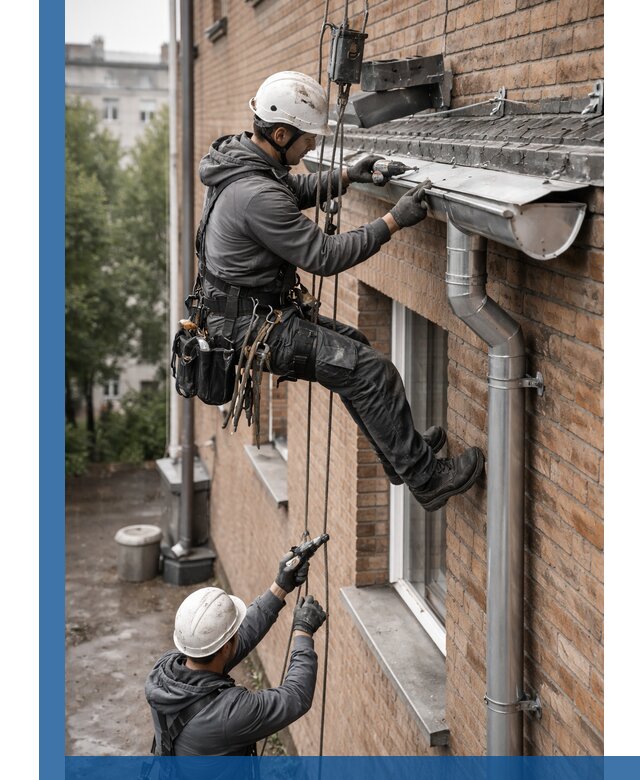 Монтаж водосточной системы на здании в Бугульме под ключ