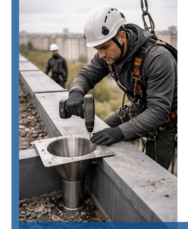 Монтаж водосточных воронок в Бугульме для промышленных зданий