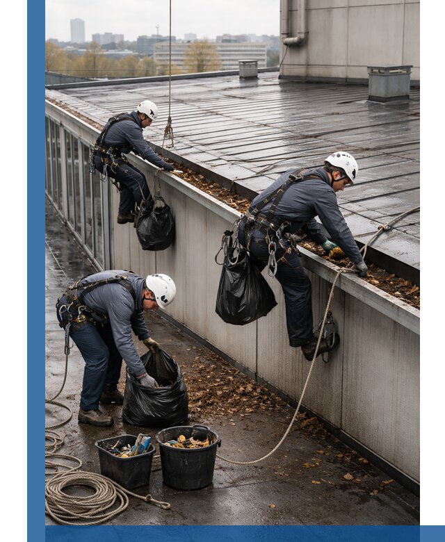 Очистка кровли по периметру в Бугульме силами промышленных альпинистов