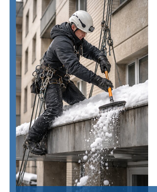 Очистка козырьков от снега в Бугульме круглогодично безопасно