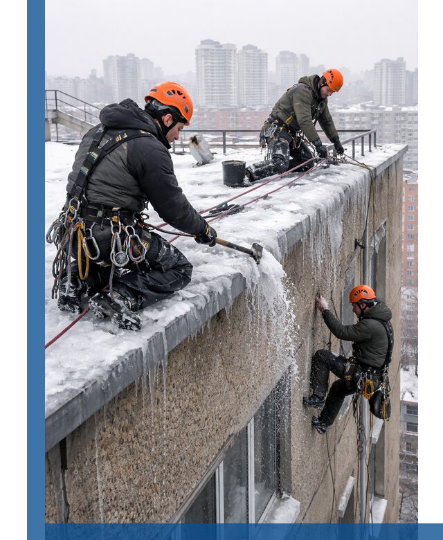 Удаление наледи с кровли в Бугульме промышленными альпинистами