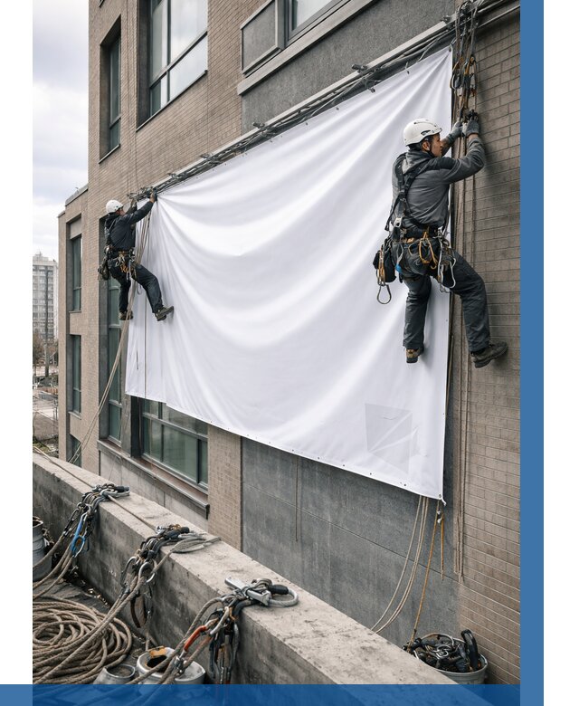 Монтаж баннеров на фасаде в Бугульме от 657 р. заказать ВЫСОТНИК-Бгл