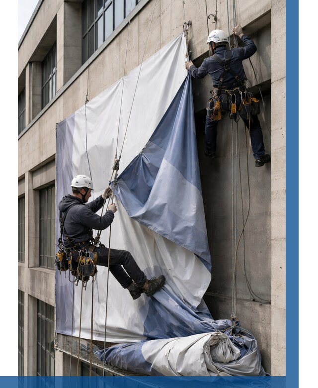 Демонтаж баннеров с фасада в Бугульме от 4549 р. | ВЫСОТНИК-Бгл