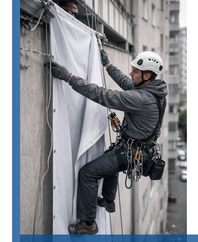 Замена баннерного полотна промышленными альпинистами в Бугульме