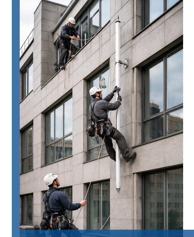 Монтаж флагштока на фасаде здания с креплением и герметикой в Бугульме