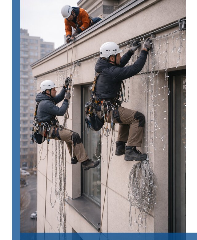 Монтаж праздничных гирлянд на фасаде в Бугульме для зданий