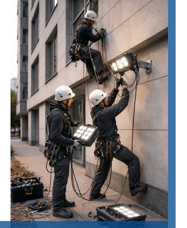 Монтаж прожекторов на фасаде в Бугульме от 7581 р. | ВЫСОТНИК-Бгл