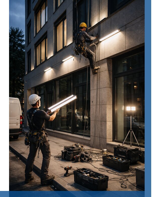 Монтаж архитектурной подсветки здания в Бугульме от 2527 р.|ВЫСОТНИК-Бгл