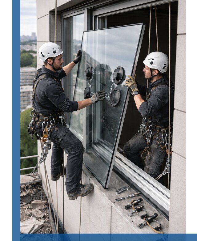 Замена стеклопакетов на высоте с промышленными альпинистами в Бугульме