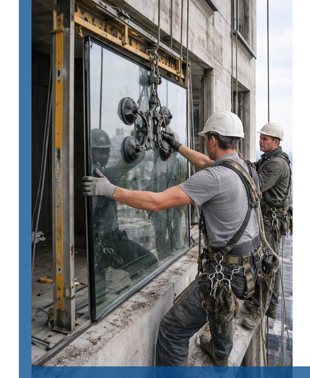 Монтаж стеклопакетов на высоте в Бугульме с промышленным альпинизмом