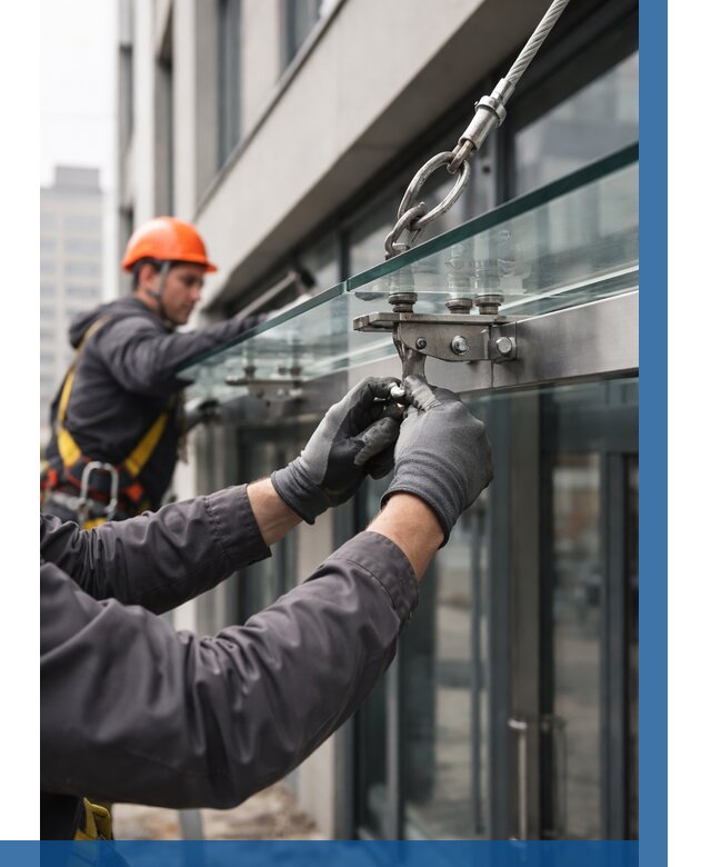 Монтаж стеклянных козырьков в Бугульме от 8592 р. | ВЫСОТНИК-Бгл