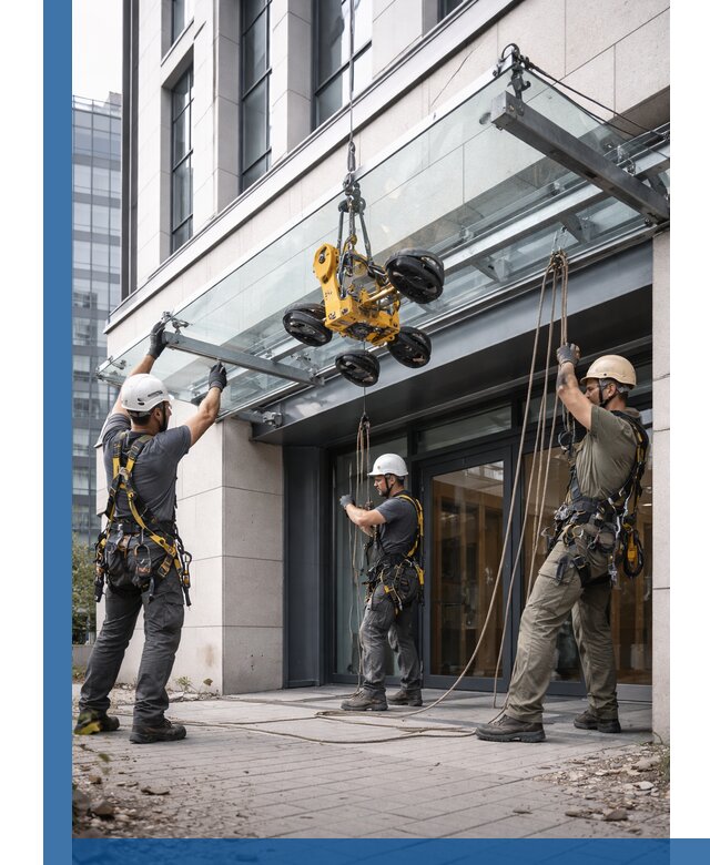 Монтаж стеклянных козырьков под ключ в Бугульме для зданий