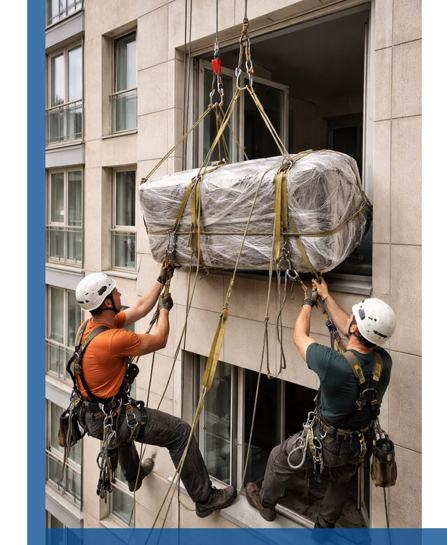 Подъем грузов через окно в Бугульме промышленными альпинистами