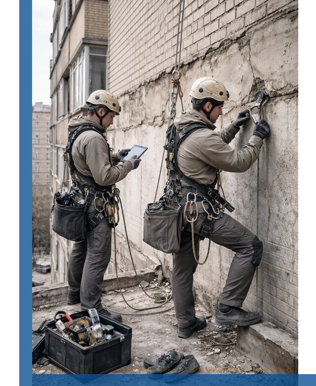 Обследование фасада промышленными альпинистами в Бугульме